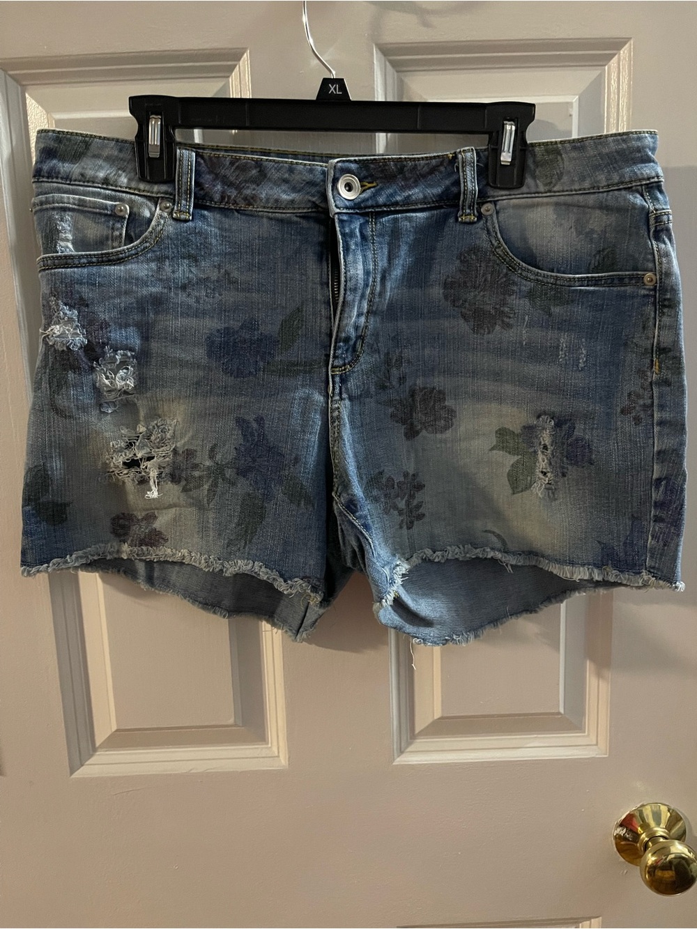 Time and Tru Blue Floral Distressed Denim Shorts